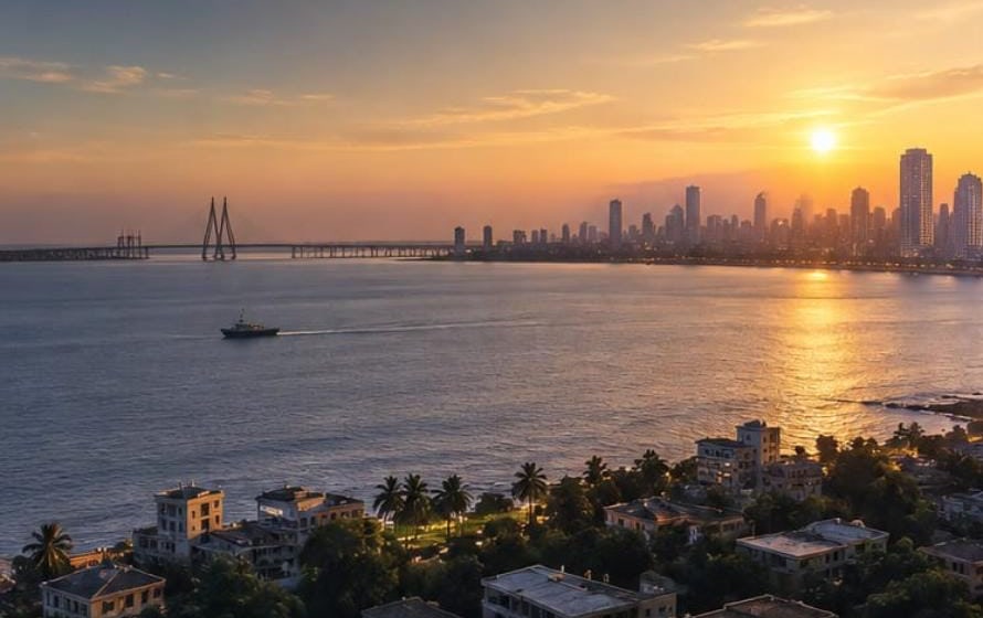 Sunset across Mahim Bay towards the Bandra–Worli Sea Link